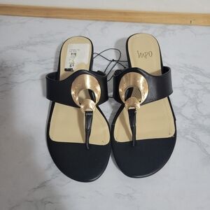 Impo Black Slip-on Wedge Heel Sandals with Gold Embellishments, Size 7.5. NEW